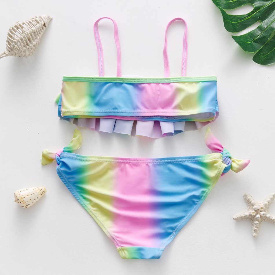 3-12Years Meisjes Ruffle Franje Bikini Badpak Set 2022 Twee Stukken Zomer Strand Dragen Voor Kleine Kind Meisjes Regenboog badmode