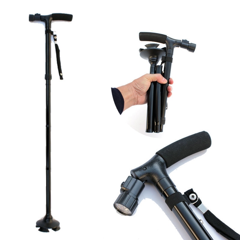 Outdoor T-handle 4 Folding Crutch 360 Degree Hiking Trekking Pole Cane Stable plate Walking Stick for old people