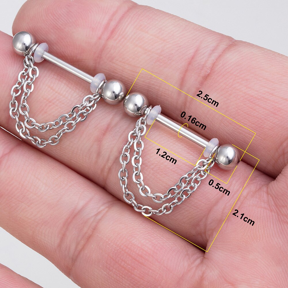 2 Stuks Gothic Sexy Piercings Tepel Ringen Barbell 316L Stalen Handboeien Ster Voeten Bloem Chain Dangle Tepel Sieraden Voor Vrouwen 14G: NP11038-1