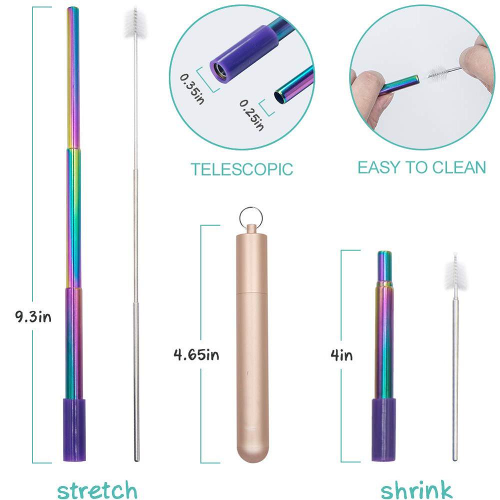 Metal Reusable Collapsible Foldable Straw with Case Keychain Stainless Steel Metallic Portable Telescopic Drinking Straw