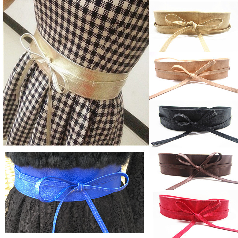 1PC Spring Autumn Women Lady Metallic Color Soft Faux Leather Wide Belt Self Tie Wrap Waist Mujer Dress