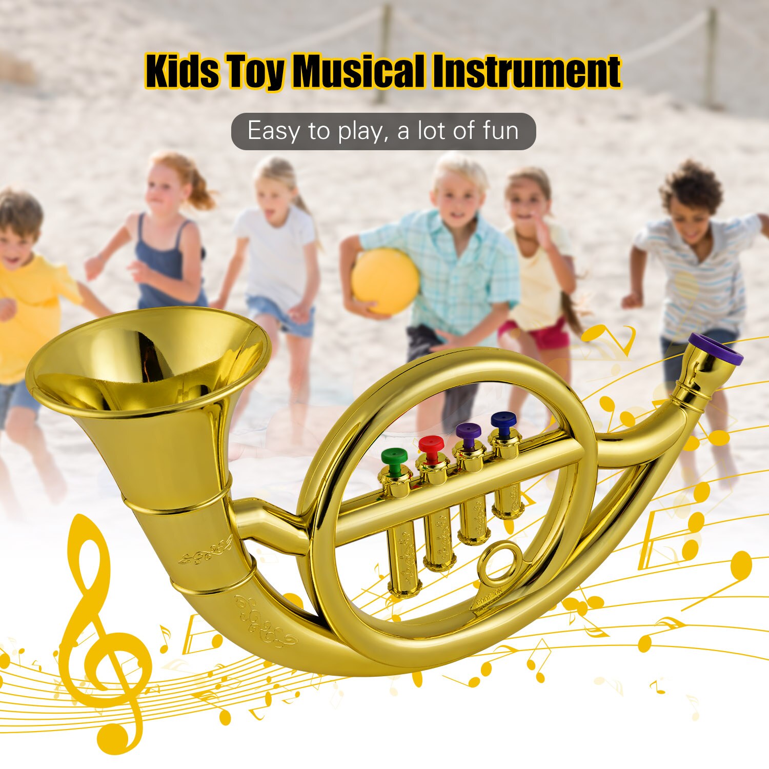 Musical Wind Instrumenten Franse Hoorn Voor Kids Peuters Abs Gouden Hoorn Met 4 Gekleurde Toetsen