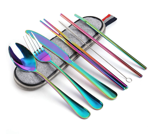 8 pçs/set utensílios de mesa reutilizáveis conjunto de talheres de viagem conjunto de utensílios de acampamento com colher de aço inoxidável garfo pauzinhos palha caso portátil: MULTI