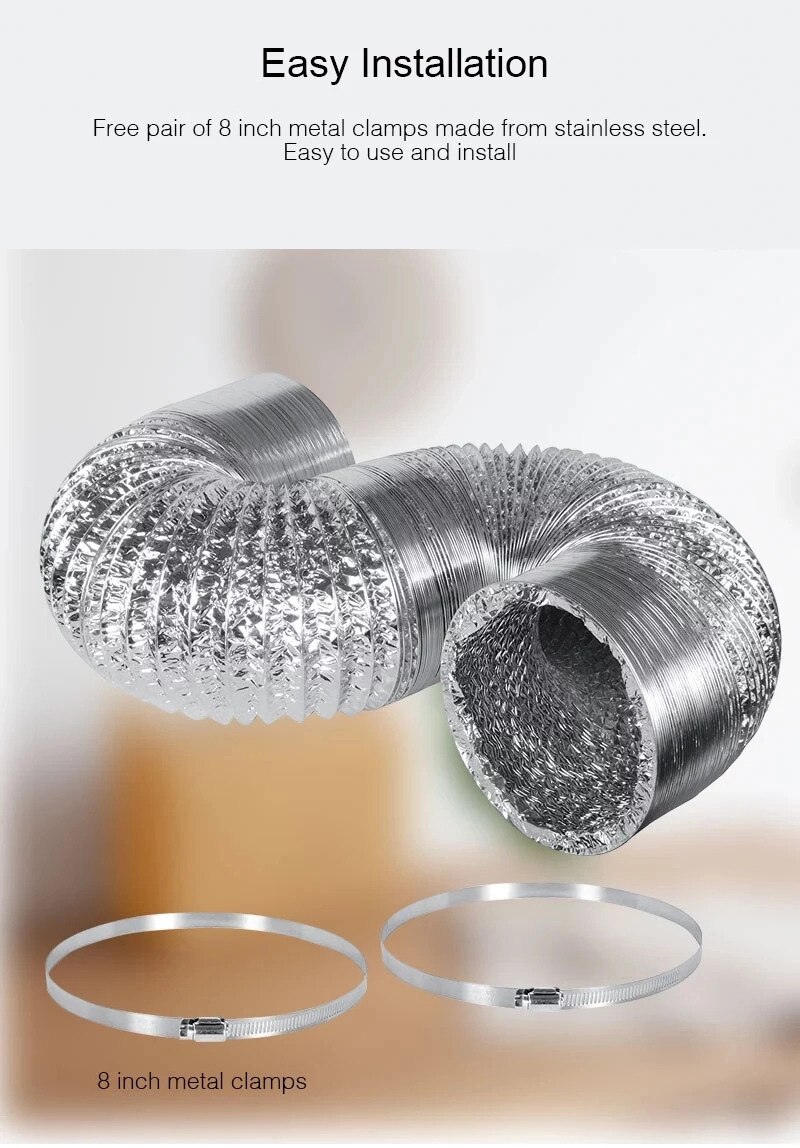 6 Inch 25 Feet Air Aluminum Ducting Non-Insulated Flex Dryer Vent Hose HVAC Flexible Ventilation w/ 2 Clamps Hook Up Kit