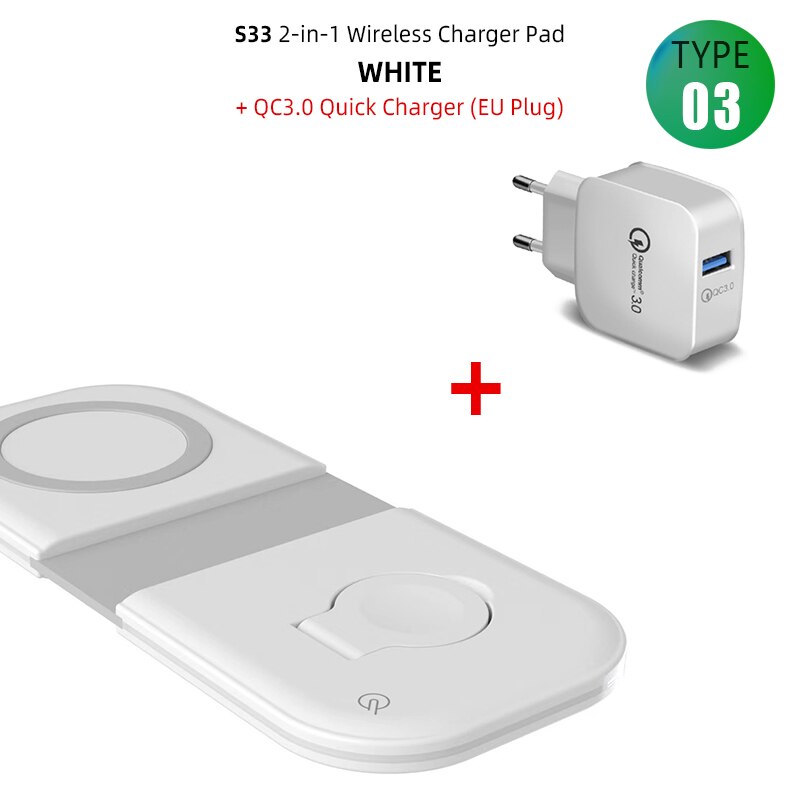 2 in 1 qi dual fast wireless charger pad for iphone 13 12 11 xs xr 8 airpods pro samsung  s20 s21 induction charging dock station: Type 3 white  qc3.0