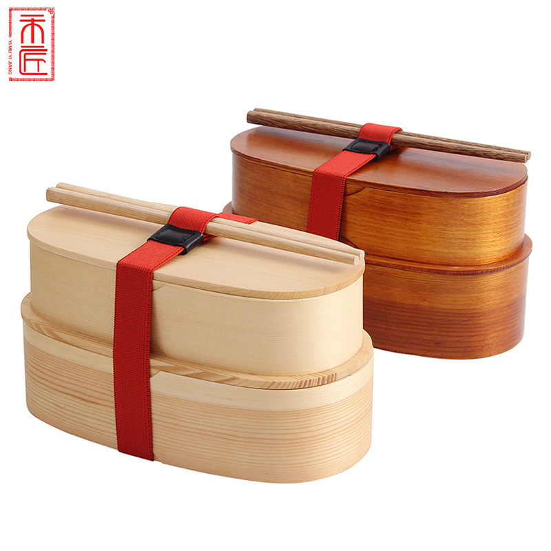 High Japanese-style Double-layer Bento Lunch Box Student Divided Lunch Wooden Sushi Box To Send Chopsticks Strap