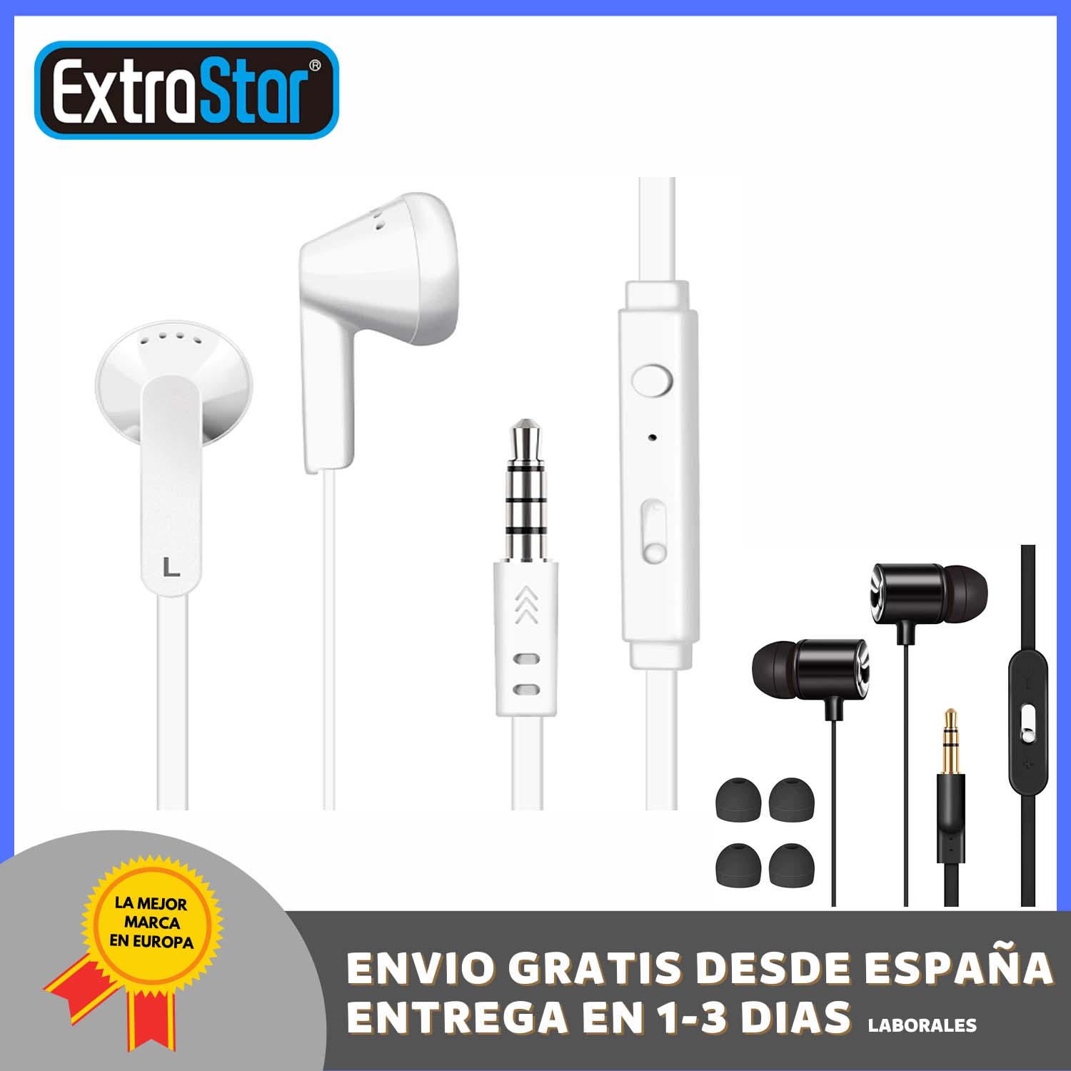 ExtraStar® Auriculares Blanco con micrófono, control de volumen, Adecuado para Teléfonos Móviles, Tabletas, MP3 y Otros Dispositivos de Audio de 3,5 mm, Negro sin micrófono