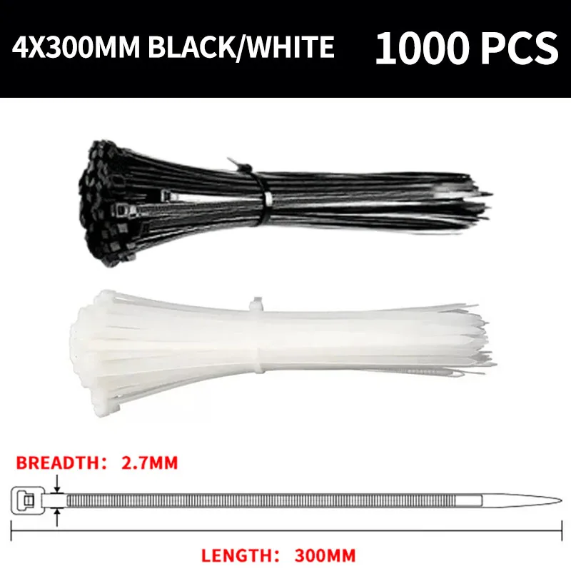 Brida de nailon autoblocante para cables, bridas de plástico Blanco/Negro, resistente a altas temperaturas, 1000 piezas: 5x450mm / Negro