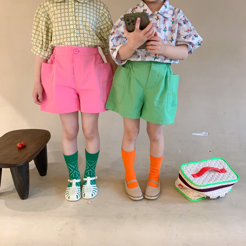 Pantalones cortos holgados de algodón para niñas, shorts informales con bolsillos grandes laterales, estilo coreano