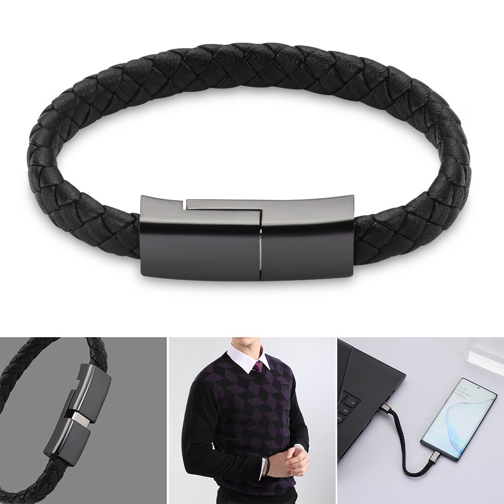 1 Pc Lederen Armband Datakabel Type C Micro Usb Polsband Voor Android Sync Opladen -Styling Snelle lading Kabel