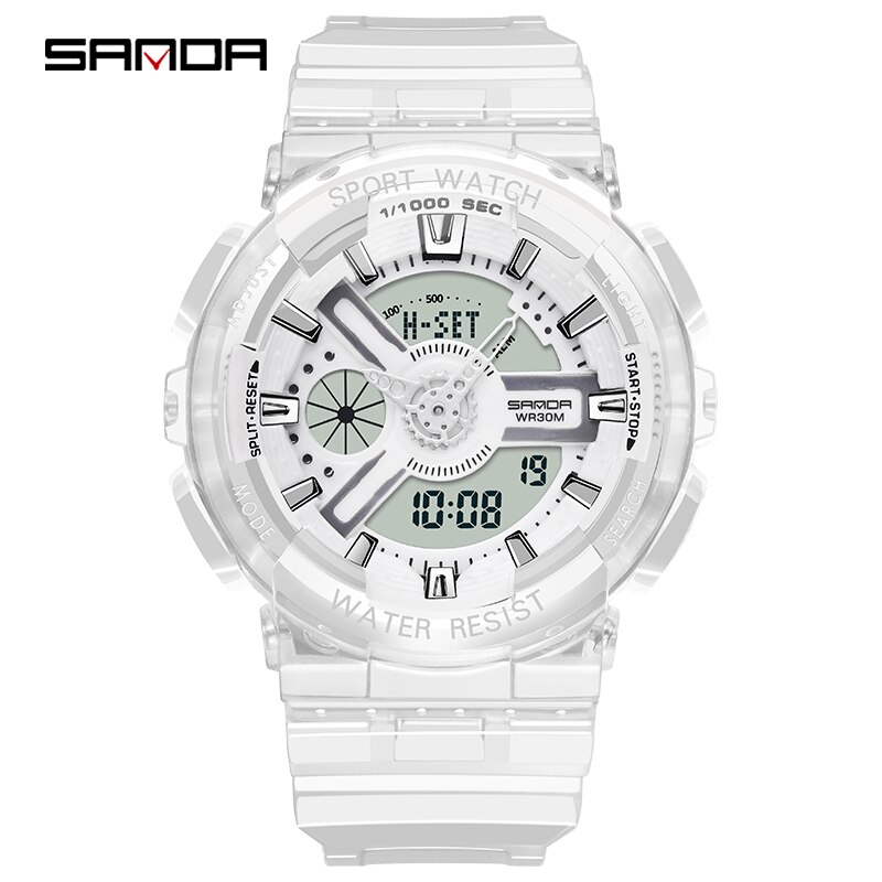 SANDA montre hommes et femmes montres transparentes étanche multi-fonction lumineux sport Double affichage Couple montre électronique: White