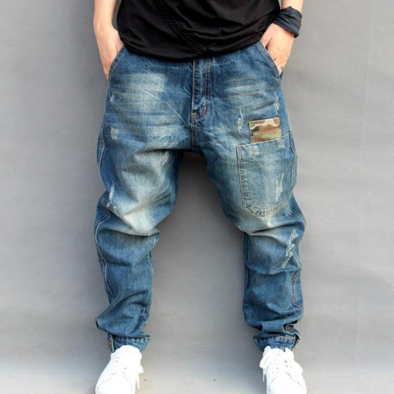 Blå hål rippade baggy män hiphop streetwear skateboarder denim byxor herr löst passform plus hiphop jeans storlek s -4xl: Xxl