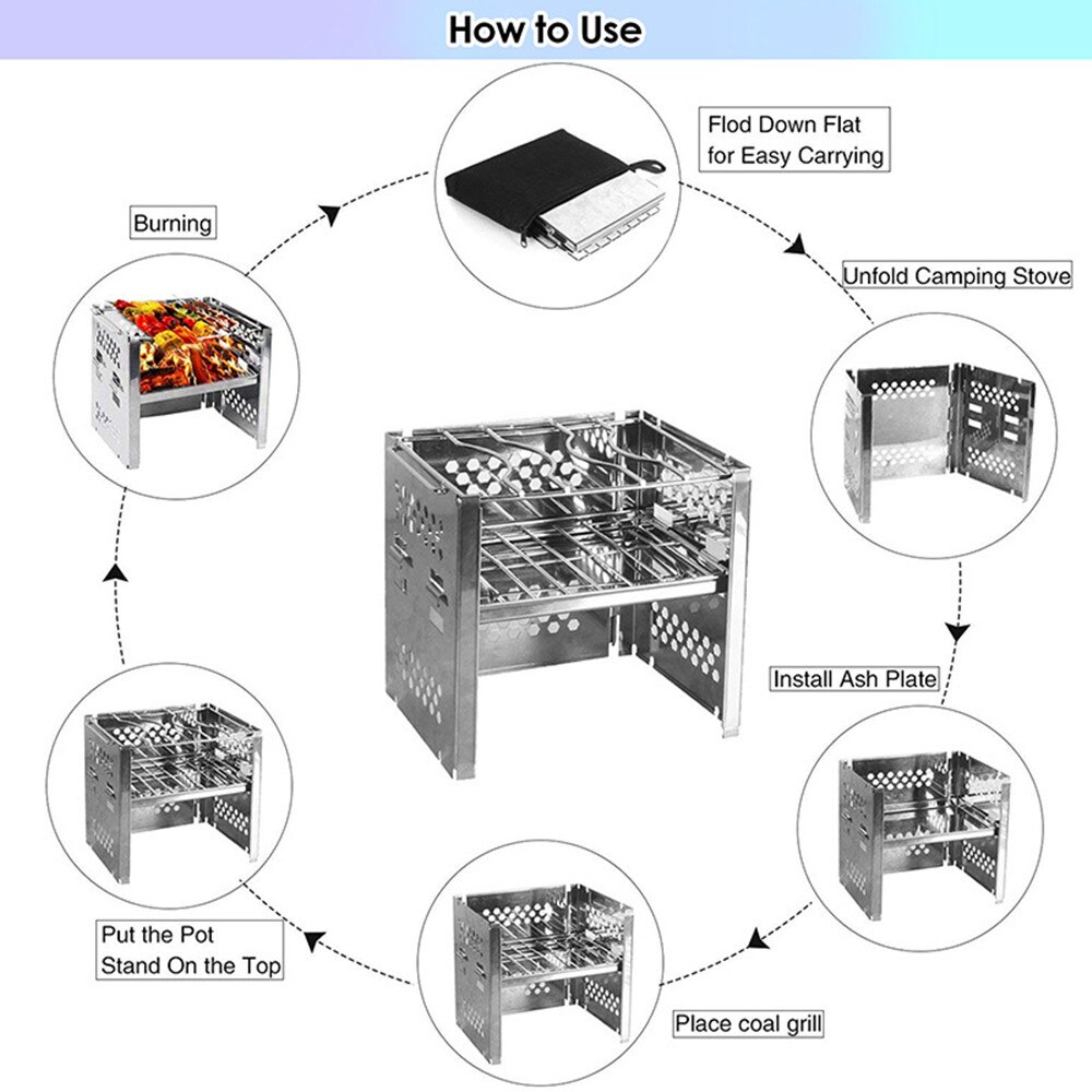 Stainless Steel Wood Burning Camping Grills Picnic BBQ Cooker Portable Folding Backpacking Stove Barbecue Grill for Outdoor