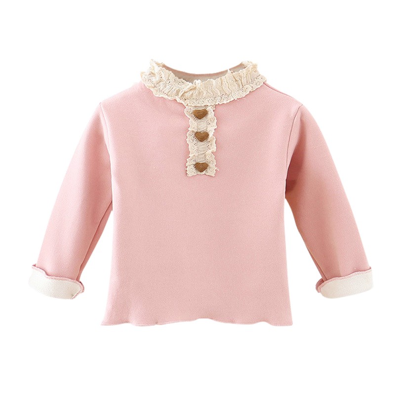 Autunno abbigliamento per bambini ragazza per bambini collo in pizzo ispessimento tinta unita camicia in puro cotone manica lunga camicetta calda top per ragazze: P / 2-3Years