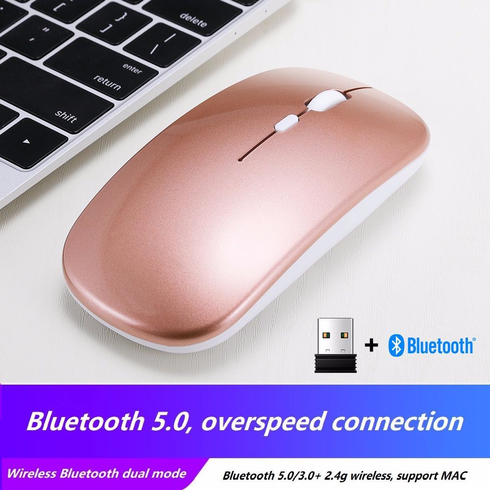 Bluetooth 5.0 Dual-Mode Charging Mouse Mute Notebook Game Female Student 2.4G Wireless Mouse Luminous DPI 1600: 2 4G   Bluetooth Rose Gold