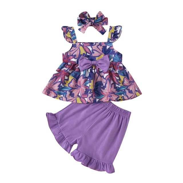 Tenues d'été pour bébés filles, manches volantées imprimées de fleurs, hauts à nœud papillon + Shorts à volants de couleur unie + vêtements à bandeau: Violet / 12M