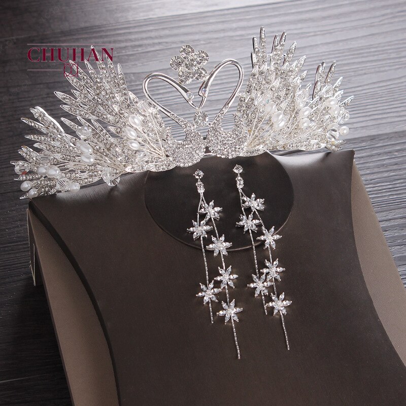 CHUHAN ensembles de bijoux de mariée coiffure accessoires de cheveux de mariage couronne collier boucles d'oreilles 3 pièces accessoires de mariage C357