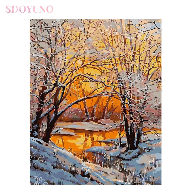 SDOYUNO acryl malen nach zahlen mit rahmen für erwachsene dämmerung schnee szene landschaft acrylfarben für malerei kunst HandPaint