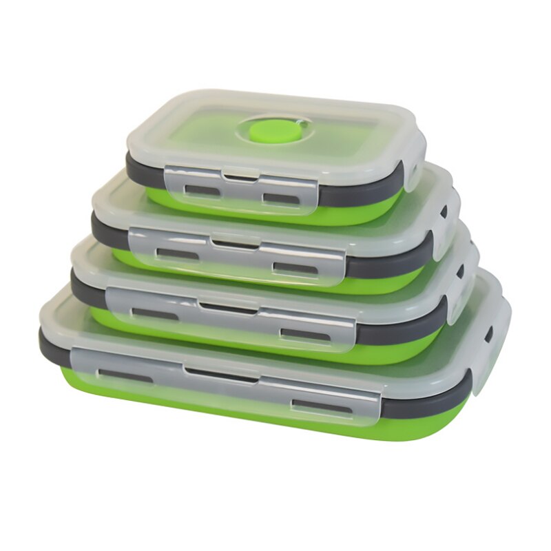 4pcs/set Silicone Lunch Box Set Stackable Bento Food Prep Container Foldable Lunchbox Microwave Dinner Storage Containers: green4