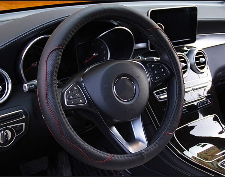 Universele 38cm/15&#39;Diameter PU Leather Sturing car steering Wheel cover omvat anti-slip Skidproof Duurzame stuurwieldekking Auto-accessoires: Balck with red