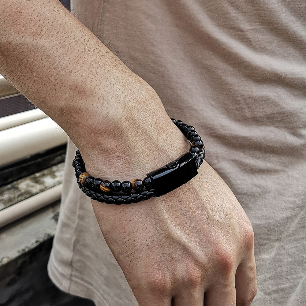 Doppel geschichtet Perlen Armbinde Gelb Tiger Auge Glas Perle Schwarz Leder Armreif Magnetische für Ihn Männlichen Schmuck DLB194