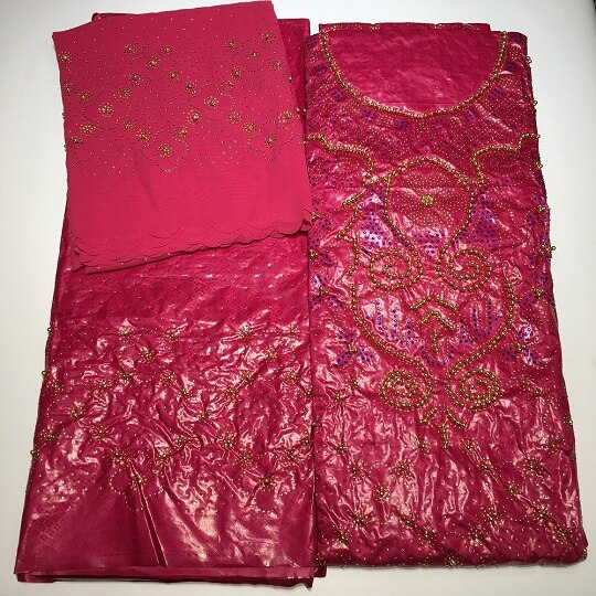 bazin riche getzner african fabric with rhinestones & beads latest top 3 in 1 basin tissu africain brocade fabric for dress: Rose Red