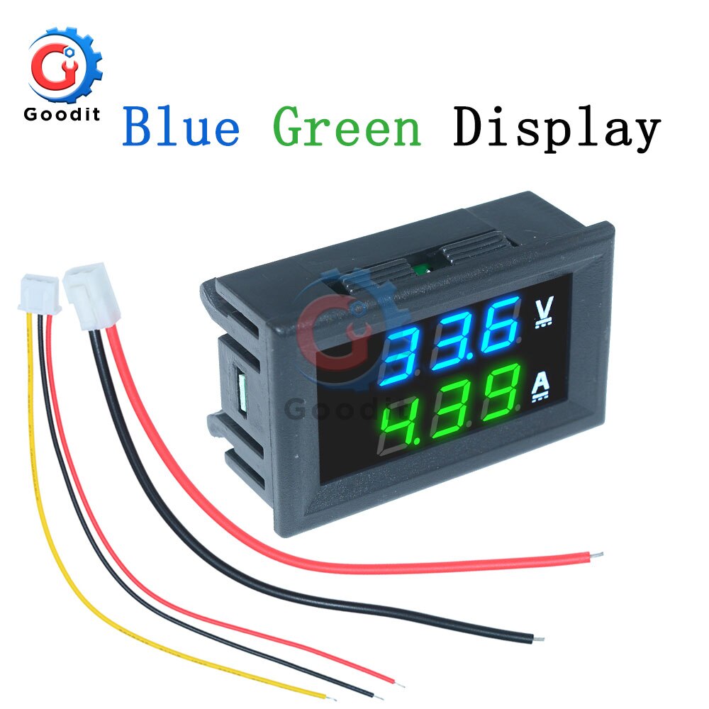 Mini digital voltmeter amperemeter  dc 100v 10a panel forstærker volt spænding strømmåler tester 0.56 "blå rød dobbelt led display: Blå grøn skærm