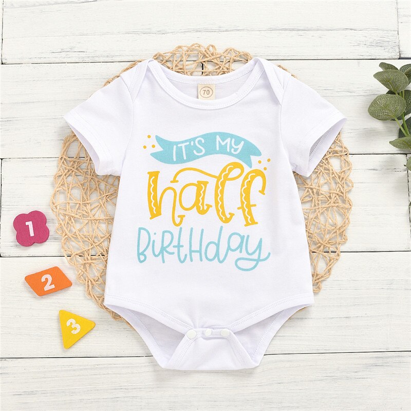 0-12M Baby Newborn Letter Print Bodysuits Boy Girl O-neck Short Sleeve Half Birthday Print Top Summer Cotton Rompers Casual: 6M