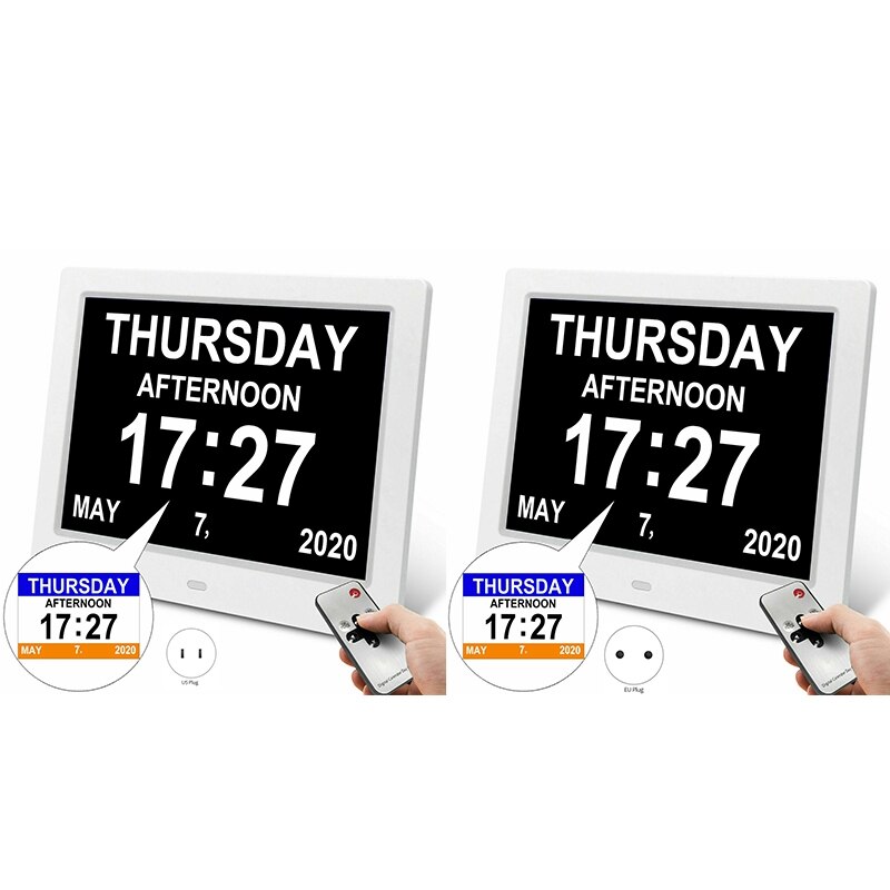 8 Inch LED Time Week Date Calendar Digital Alarm Clock for Elder People with Remote: Black