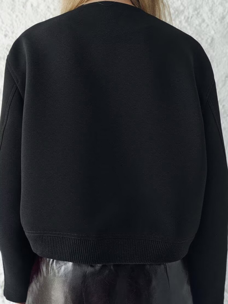 2024 autunno e inverno nuova moda donna semplice nero allentato girocollo tasca giacca corta cappotto