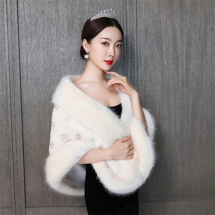 JaneVini Faux Fur Wrap Warm Shawl Winter Wedding Cover Up Stole Bridal Accessories Light Champagne Cape Shrugs for Women