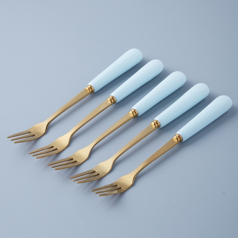 Golden Tableware Marbled Ceramic Cutlery Set Storage Tank Gold Spoon and Fork Set Mirror Coffee Fork Dinner Set: 5pcs Blue forks