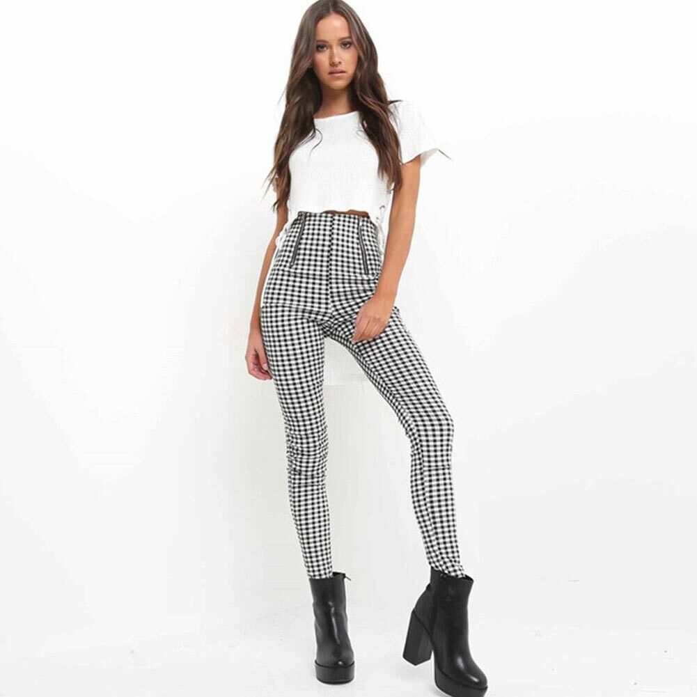 Klassische Plaid Hosen Frauen Reißverschluss Dünne Denim Büro lässig Hohe Taille Jeggings Bleistift Hosen Hosen Streetwear: Schwarz / XXL