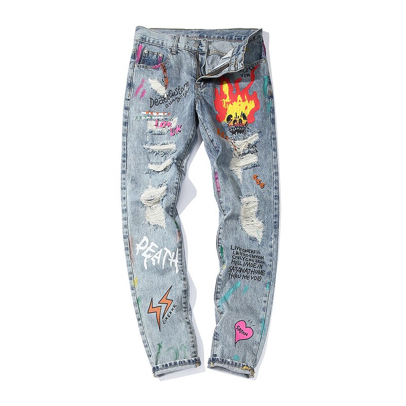 Mænd streetwear graffiti trykt rippet tigger skinny jeans hipster hip hop nødlidende knæhuller joggers jeans denim bukser: Xl