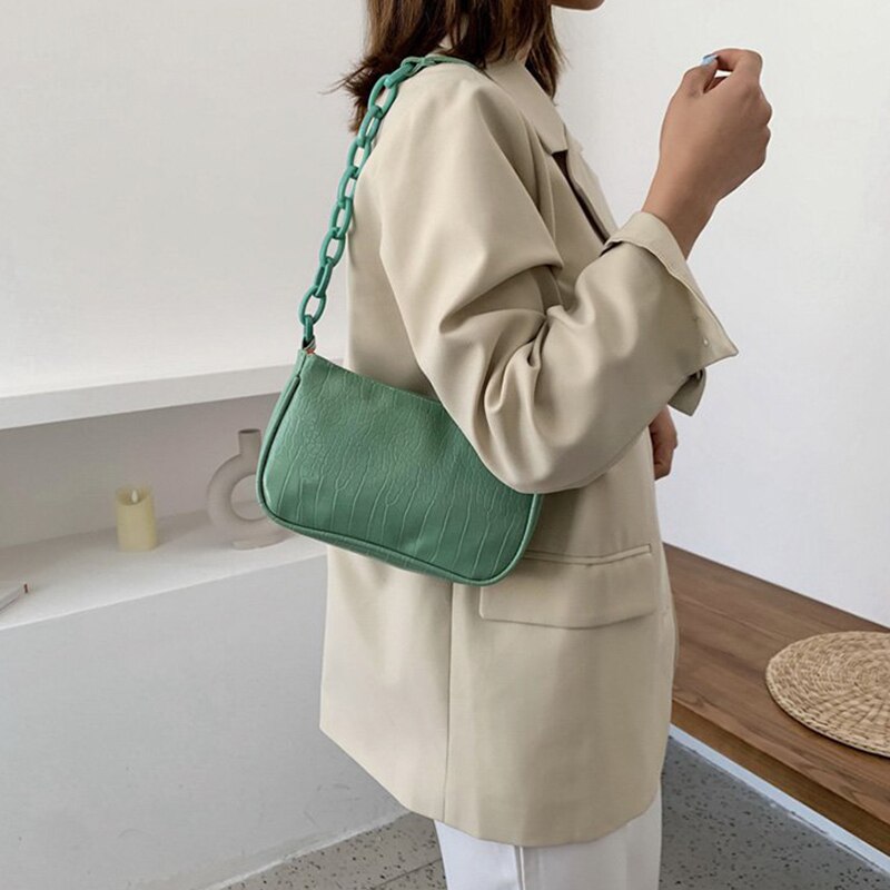 Bolso de mano Baguette con patrón de cocodrilo para mujer, cadena nueva, bolso de hombro pequeño, de bolsos de cuero,: Green