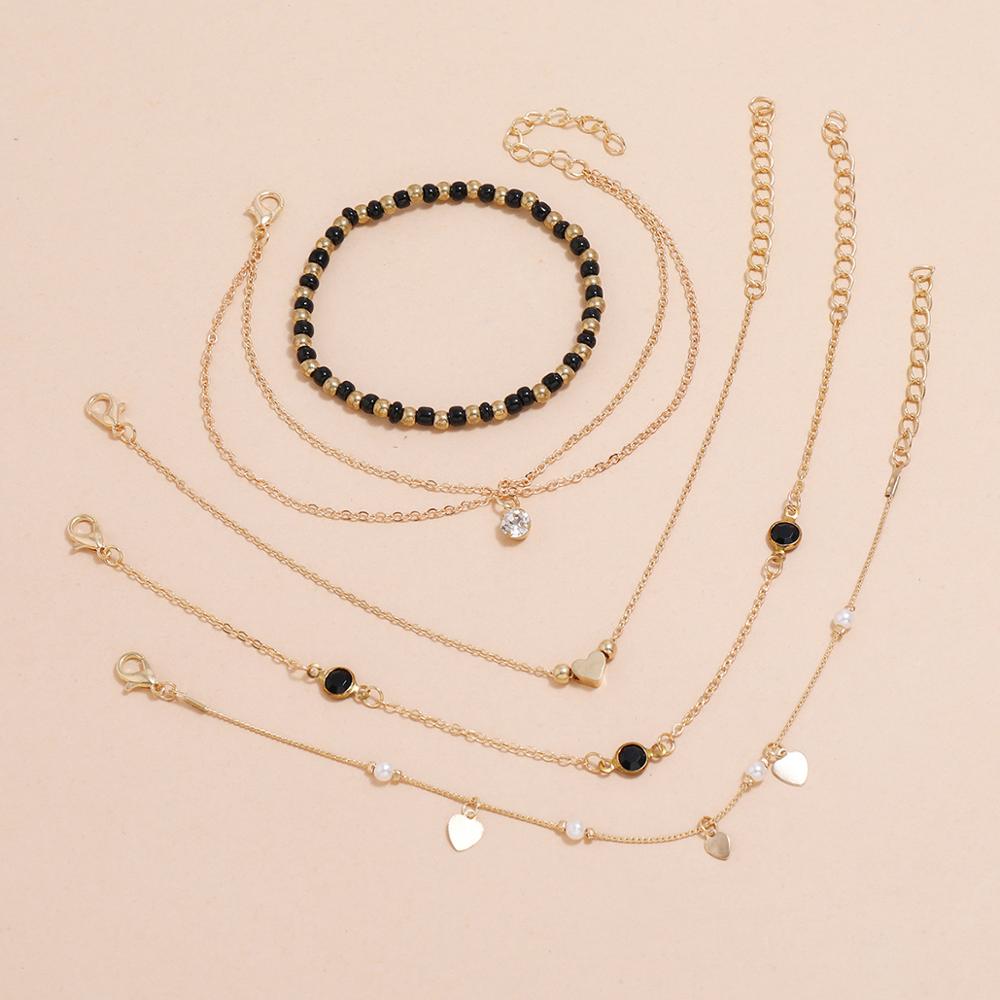HI homme 5 pièces/ensemble bohème Simple à la main coeur cristal cheville pour les femmes été plage surf bijoux accessoires