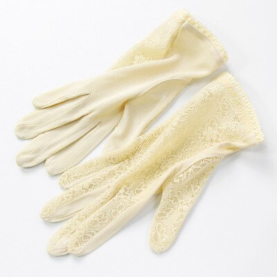100% Natuurlijke Moerbei Zijde Handschoenen Vrouwelijke Zomer Dunne Uv Zonnebrandcrème Ademend Slaap Hydraterende Kant Bloemen Rijden Wanten M49: K5 Beige