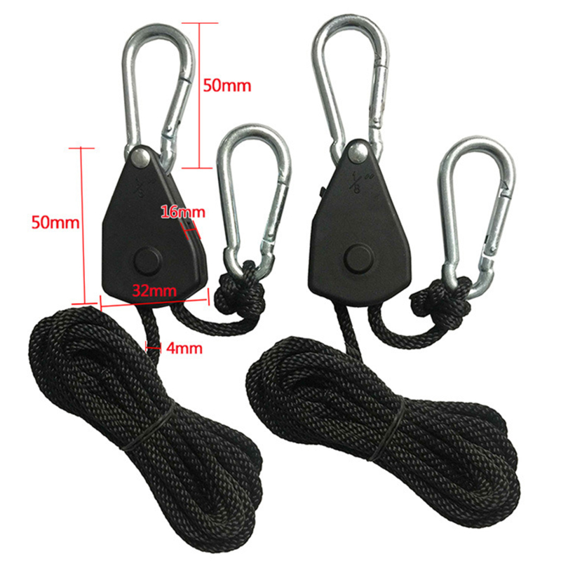 2pcs 1/8" Pulley Rope Ratchet Heavy Locking Hanger Lifting Lanyard For Tent Room Fan Grow Plant