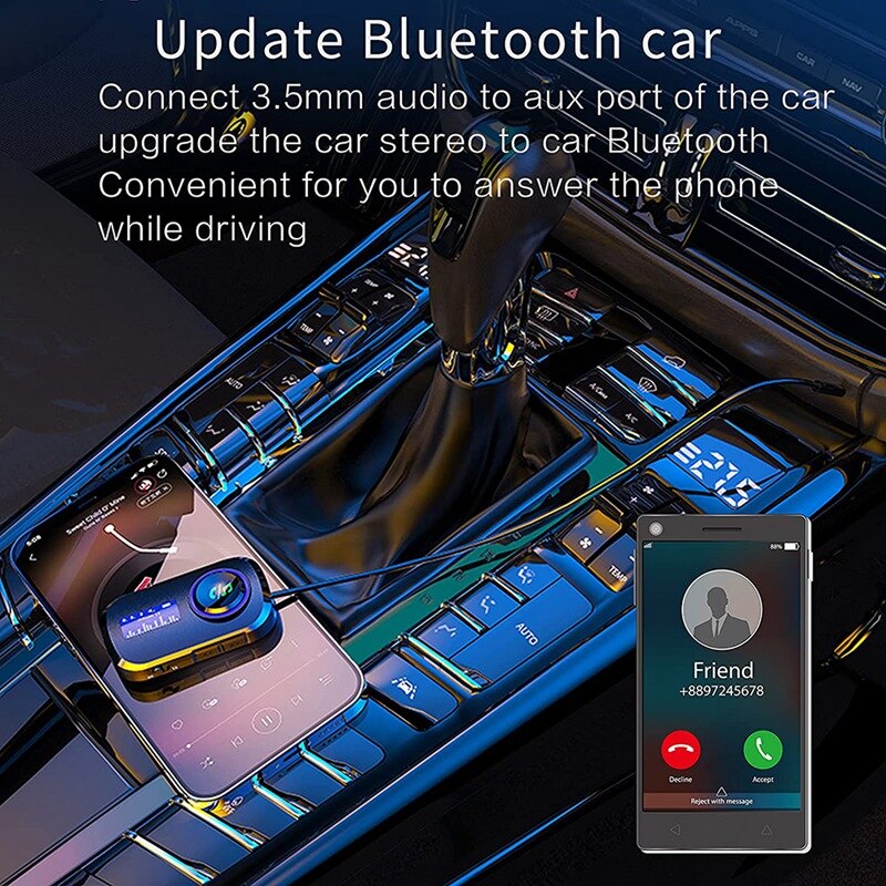 Bluetooth 5.0 Transmitter And Receiver With Digital Display Screen,Handsfree Calls,3D Surround Sound For Car Home Stereo