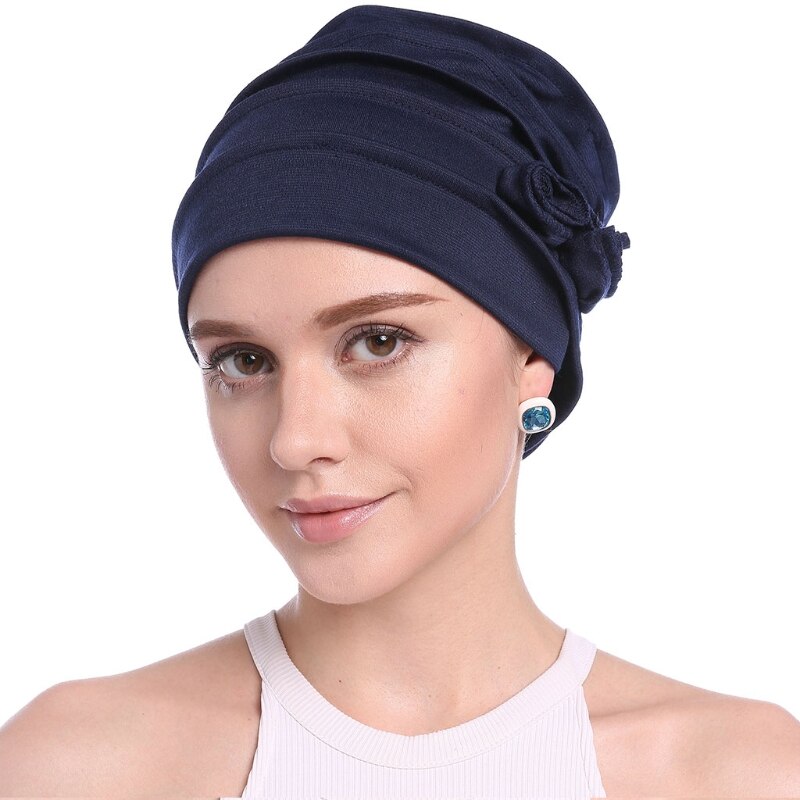 Women Ruffle Chemo Turban Scarf Beanie Cap Hat for Cancer Patient: Navy Blue