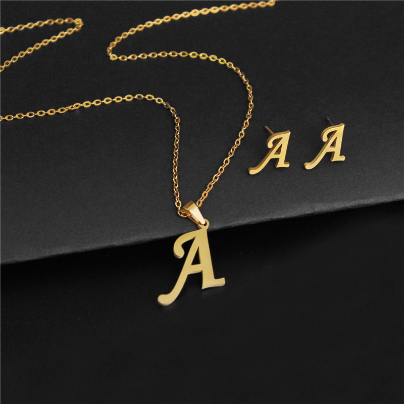 A-Z 26 charm Initial Necklace And Stud Earrings Jewelry Sets Alphabet Pendant Chain Letter mom