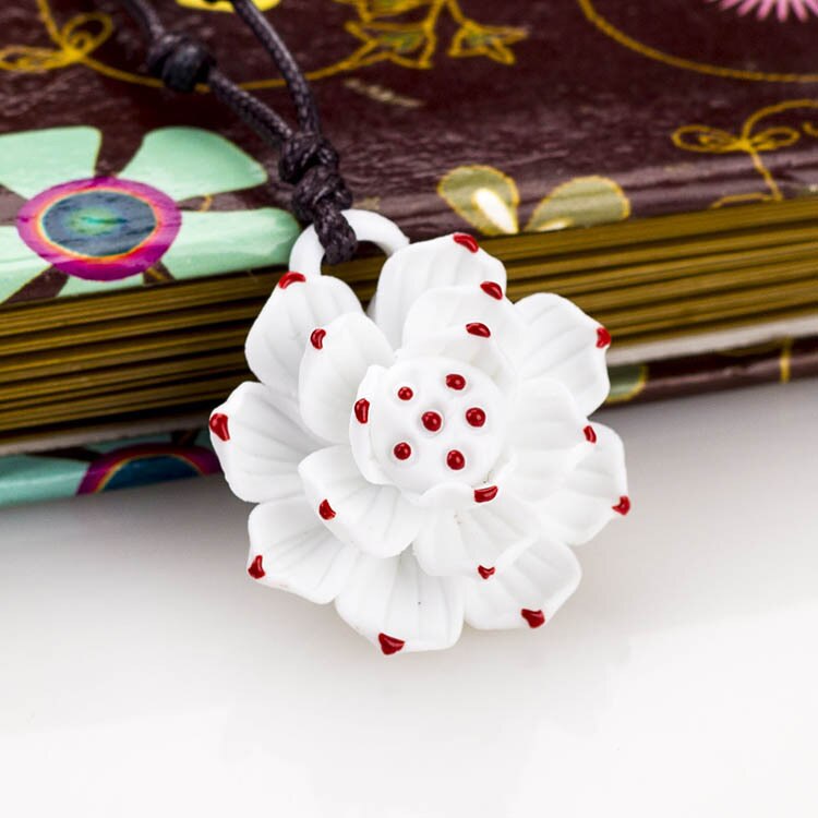 Vintage Stijl Blauw En Wit Keramische Handgemaakte Lotus Bloem Hanger Ketting Chinese Stijl Etnische Stijl Lange Ketting Vrouwen Lady: red with lotus