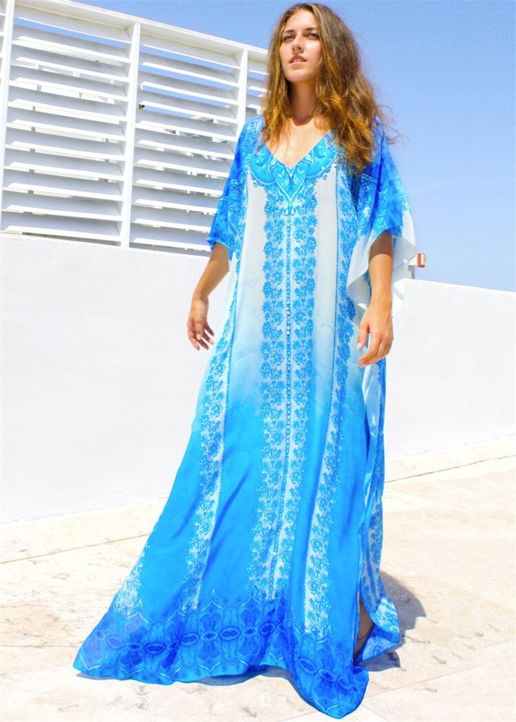 Bohemian Beach Dress Women Sea Blue Printed Kaftan Robe Maxi Bikini Cover Up Cotton Tunic Oversize Batwing Sleeve Swim Suit