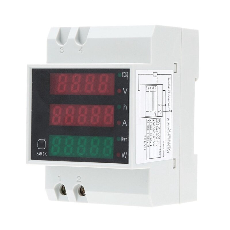 100a ac80 - 300v digitale multifunksjonelle din skinne spenningsmåler voltmeter hvit effektfaktor