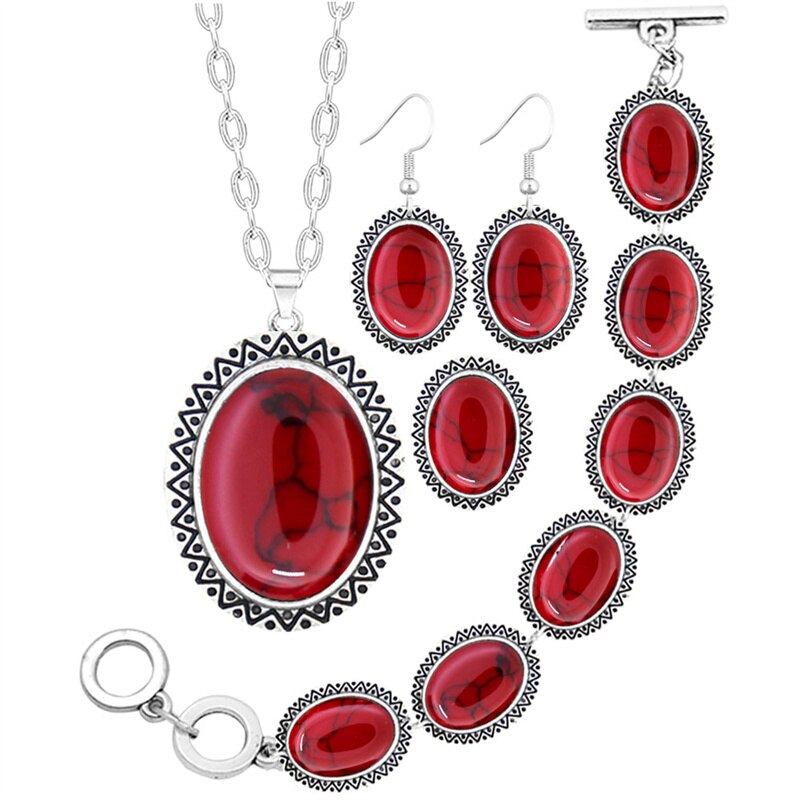 Sonnenblumen Oval Stein Schmuck setzt Halskette Armbinde Ohrringe Ring Für Frauen Jahrgang Antike Silber Überzogene Party TS71: rot