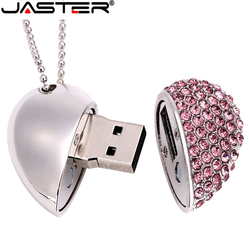 JASTER metal diamond love heart shape USB Flash Drives hearts with chain pendrive 4GB 8GB 16GB 32GB 64GB necklace memory stick