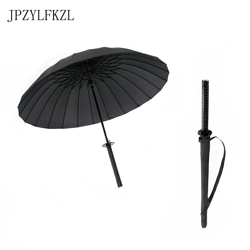 Zwarte Japanse Samurai Paraplu Lange Handvat Creatieve Persoonlijkheid Mannen Paraplu Fiber Bone Semi-Automatische 16 Of 24 Ribben