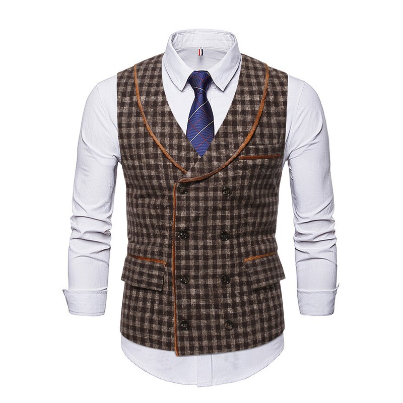 Herfst En Winter Vest Met Plaid Double Breasted Mannen Leisure Suit Vest: Dark Brown / L