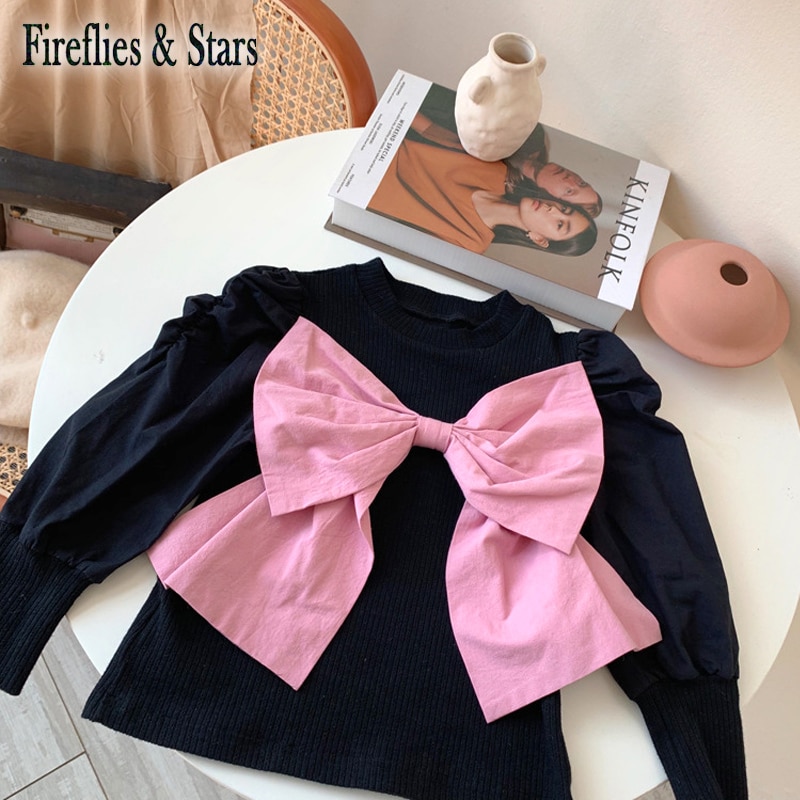 Primavera autunno ragazze maglione maglieria per bambini top lavorati a maglia per bambini abiti di moda per bambini moda manica a sbuffo fiocco grande da 2 a 9 anni