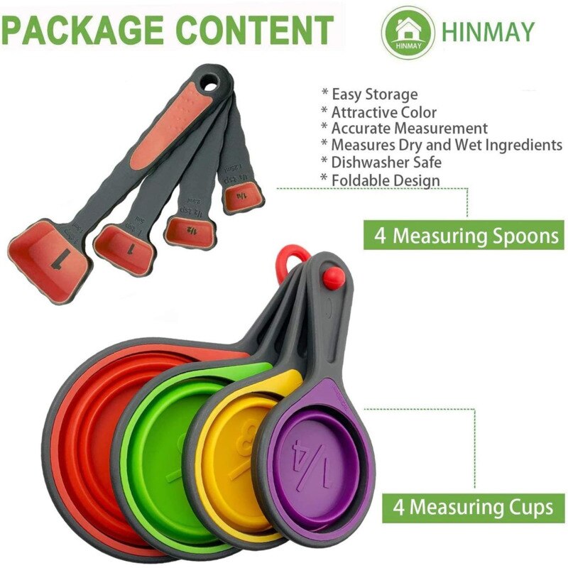 Measuring Cups and Spoons set Collapsible Measuring Cups 8 piece Measuring Tool Engraved Metric US Markings for Liquid&amp;Dry